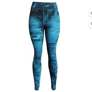 High Waisted Distressed Printed Faux Denim Leggings Blue Size XXL